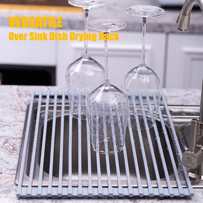 Mistifi Silicone-Coated Stainless Steel Over The Sink Multipurpose Roll-Up Dish Drying Rack, 20.8"X13.2", Heat Resistant Non Slip Dish Draining Rack BPA Free Dishwasher Safe (L, Gray)