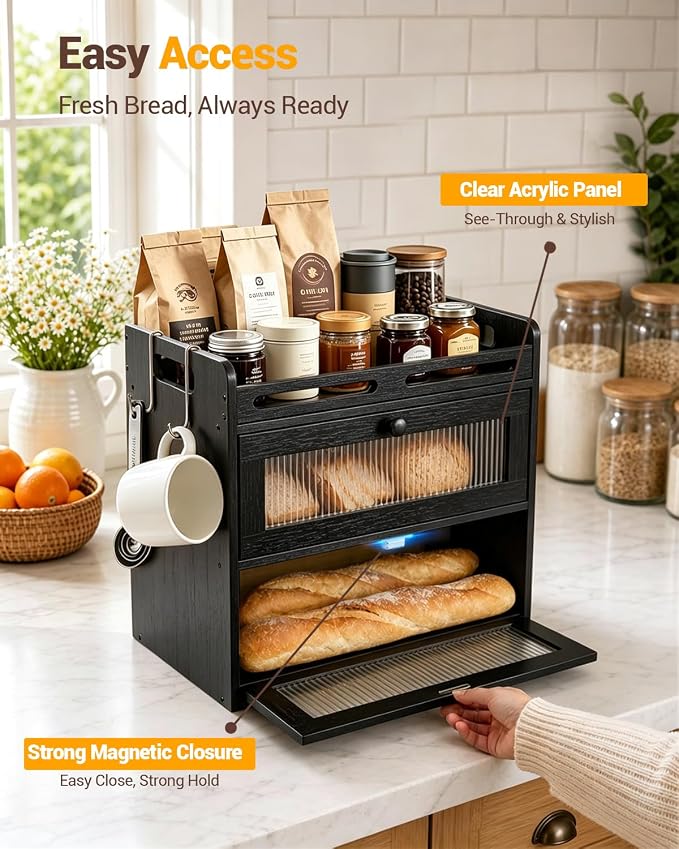 Bread Box for Kitchen Countertop, 2-Tier Bamboo Bread Storage Container with Acrylic Window, Raised-Rail Top Shelf and 2 Banana Hooks, Farmhouse Counter Organizer for Pantry, Black