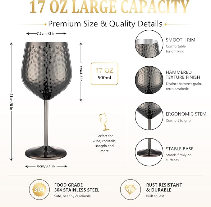 UNISWEET Stainless Steel Wine Glasses Set of 4 Unbreakable (Black) | 17 oz Large-capacity Hammered Goblets, Lightweight & Reusable, Good for Outdoor, Camping, Pool Travel, Gift for Wine Lovers