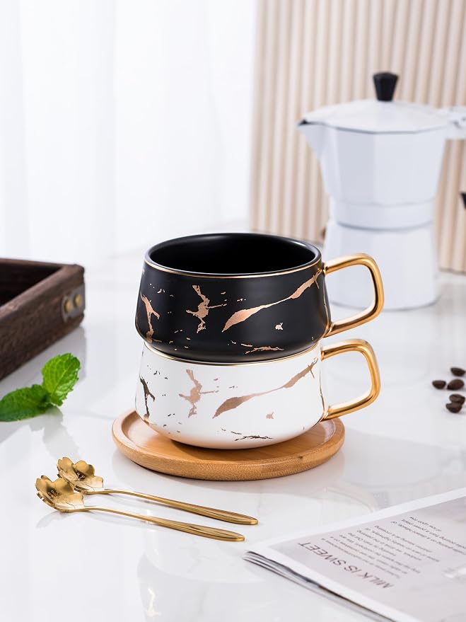 Jusalpha 2 Pack Golden Hand Print Black and White Teacup Coffee Cup with Bamboo Saucer and Spoon Set FDTCS19 (2, Black/White)