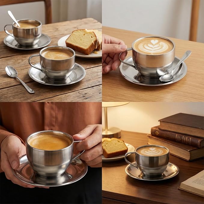 4 Pack Stainless Steel Coffee Cup Set, 6 Oz Coffee Mugs with Spoon and Saucer Insulated Espresso Cup Double Walled Silver Tea Set for Latte Milk, Cappuccino