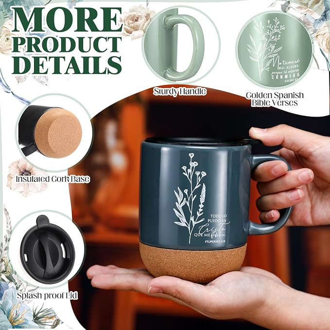 Jingmore 10 Pcs Christian Gift Bulk Religious Mugs with Bible Verse Coffee Cup 15oz for Teacher Nurse Women Men Church Member Employee Mom Dad Clergy Pastor(Boho Flower, Spanish)