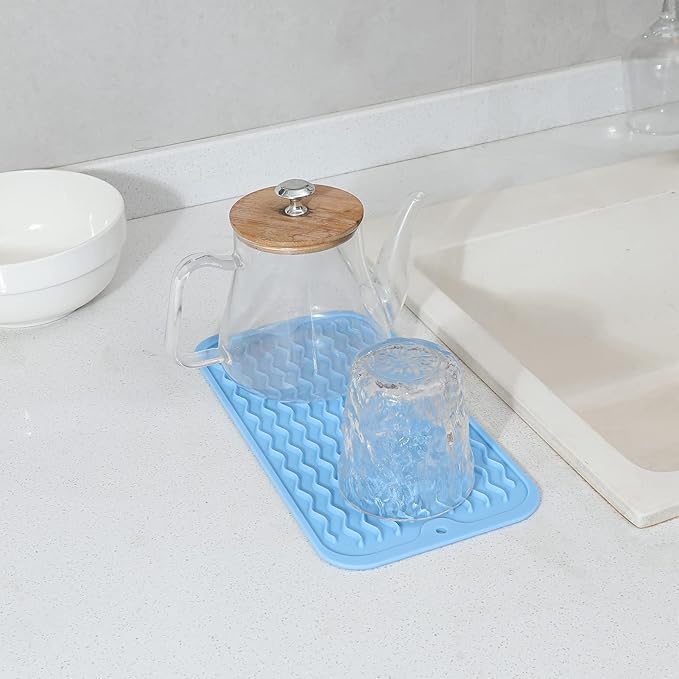 MicoYang Silicone Dish Drying Mat for Multiple Usage,Easy clean,Eco-friendly,Heat-resistant Silicone Mat for Kitchen Counter or Sink,Refrigerator or Drawer Liner Light Blue S 12 inches x 6 inches