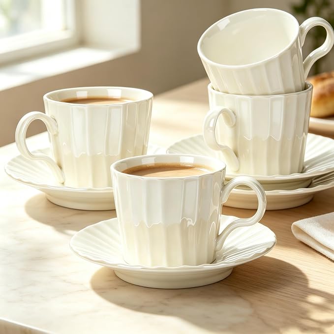 Ceramic Coffee Cup, 8 oz Cappuccino Cups with Saucers, Coffee Cup Set for 4, Pearl Glaze Coffee Cup and Saucer Set for Latte, Mocha, Tea, Café, Dishwasher and Microwave Safe (Pearl White / 200 ml)