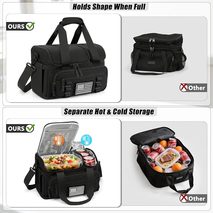 ETRONIK Tactical Lunch Box for Men, 15L Insulated Lunch Bag with Hot/Cold Compartments, Men's Lunch Box Fits 3 Meals + Snacks, Adult Lunch 8H Cooler Bags for Work, Hiking, Beach, Gym, Black