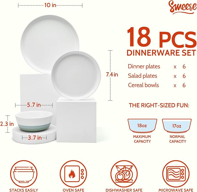 Sweese Plates and Bowls Sets,18 Pieces Modern Porcelain Dinnerware Set for 6 Handcrafted Uniqe Dinner Set Ceramic Dishware Dishes Microwave and Dishwasher Safe, Blue & Green