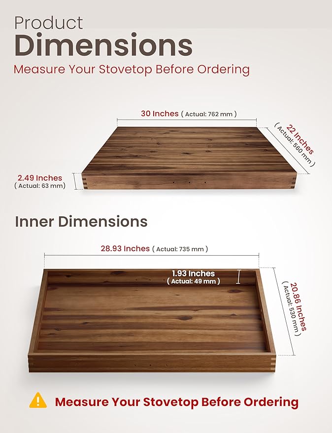 TIDITA Stove Top Covers for Electric Stove 30”x22” (Outer) / 28.9”x20.8” (Inner) - Acacia Wood Noodle Board Gas Stovetop - Stove Top Covers for Gas Burners, Sink Cover For Counter Space (Walnut color)