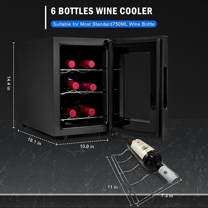 Iceblue Wine Fridge, Digital Temperature Control White & Red Wine 6 Bottle Wine Cooler with Wine Rack, Champagne Wine Cooler Refrigerator for Bar, Home, Kitchen, Gift - Black