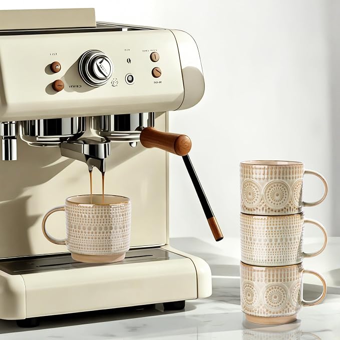 GBhome 12OZ Stackable Coffee Mugs, Ceramic Coffee Mugs with Texture Patterns for Man,Woman,Dad,Mom, Modern Coffee Mugs Set of 4 for Latte/Cappuccino/Cocoa. Dishwasher&Microwave Safe