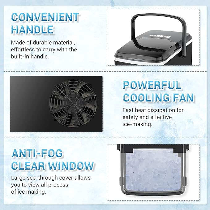 Portable Ice Maker, Elechomes Countertop Ice Maker Machine with Handle, 27lbs Ice Per Day, Compact Ice Machine with Self-Cleaning Function, Perfect for Home, Kitchen and Office