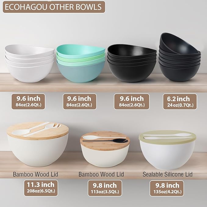 11.3" Extra Large Salad Serving Bowl Set with Wooden Lid&Utensils, 6.5Qt., Bamboo Fiber Salad Bowl with Servers for Kitchen, Lightweight Big Bowl for Mixing Salad,Fruit,Pasta - Matte White