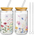 Mumufy 2 Pack Wildflower Glass Cups Gift Aesthetic Cute Glass Cup Tumbler Flower Iced Coffee Mugs 16 oz with Bamboo Lid & Straw, for Wedding Birthday Bridesmaid Mom Baby Shower