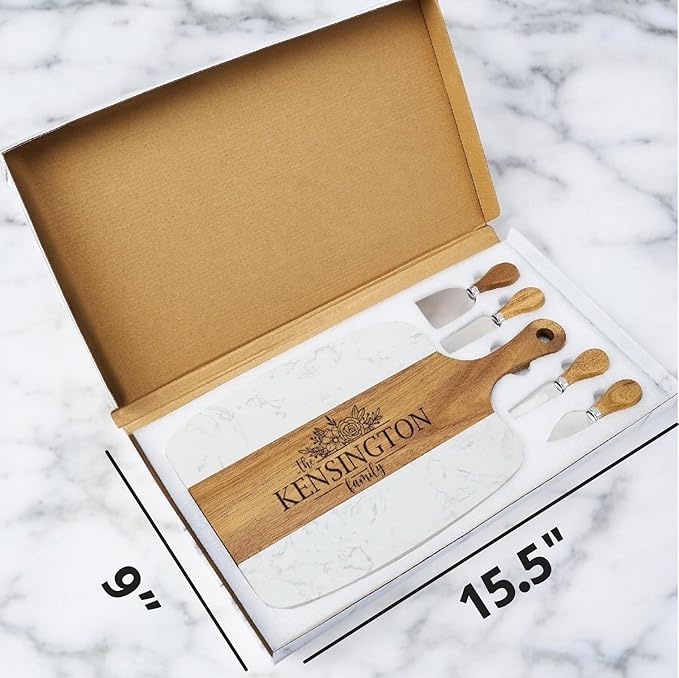 Personalized Marble Wood Charcuterie Board with Serving Tools and Coasters-Anniversary Wedding Gift Bridal Shower Engagement Housewarming Gift-Natural Acacia Engraved Charcuterie Board (Personalized)