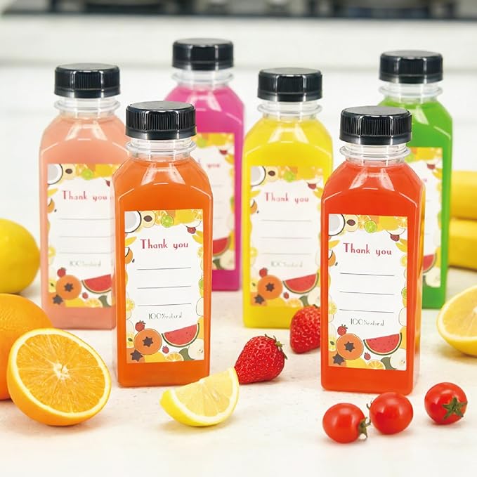 12 Pack 12oz Clear Reusable Plastic Juice Bottles with Caps, Food Grade BPA-Free Leak Proof Juicing Containers with 12 Labels & brush& Silicone Funnels for Homemade Juice, Smoothies & Travel