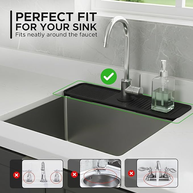 Silicone Faucet Mat for Kitchen Sink 17.7 Inch | 5° Slope Fast Self-Draining Sink Splash Guard | Multipurpose Faucet Mat Foldable Durable No Smell | Cut-to-Fit Opening Up to 2.6in | Black