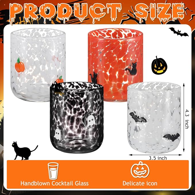 Skylety 4 Pcs Halloween Icon Glass Cups - 16 oz Pumpkin, Ghost, Bat, Cat Icon Juice Glasses Double Old Fashioned Drinking Cups - Ideal for Halloween Party Decoration, Friends Lovely Gifts