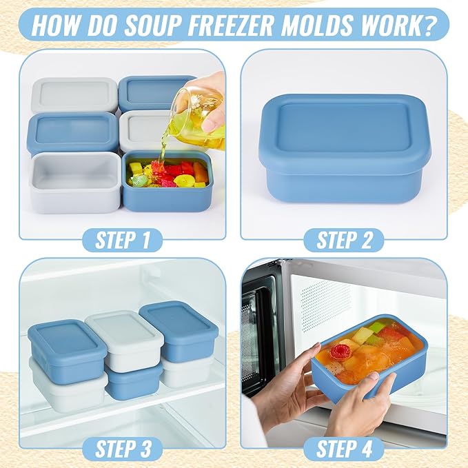 Teenyyou 6 Packs Silicone Soup Freezer Molds with Lid Silicone Soup Freezer Trays Rectangle Reusable Food Preserving Tray Freezing Sauces Stews (Dark Blue, High-grade Gray,2 Cup)
