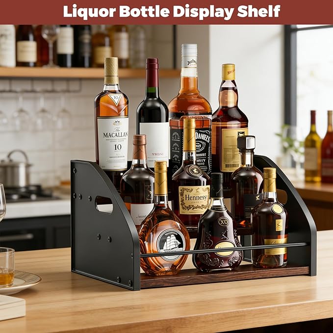 3-Tier Liquor Bottle Display Shelf, Exquisite Metal Design, Extra Large Bar Organizer for The Home Bar, Countertop Wine Rack with Smooth Handles, Retro Bar Shelf Stand for Whiskey, Spirits