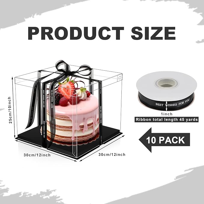 Maxdot 10 Pcs Transparent Tall Cake Boxes 12" x 12" x 10" Large Clear Cake Box with Ribbon Cake Carrier PET Wedding Cake Storage Container Clear Gift Boxes for Party Birthday Dessert Display (Black)