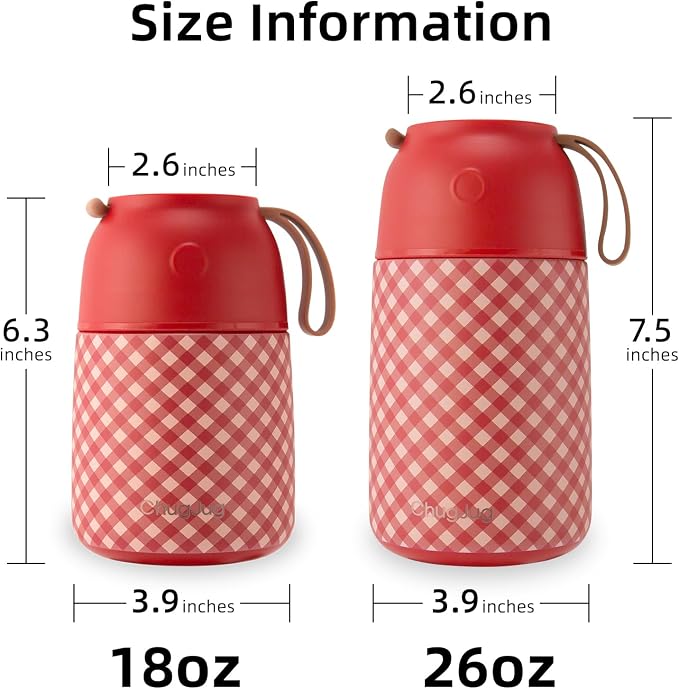 2 Pack Insulated Food Jar Set, 26oz & 18oz Stainless Steel Vacuum Insulated Soup Containers for Hot Food, Leak-Proof Thermal Food Jars with Spoons, Cute Stylish Design for School, Work & Travel (Red)
