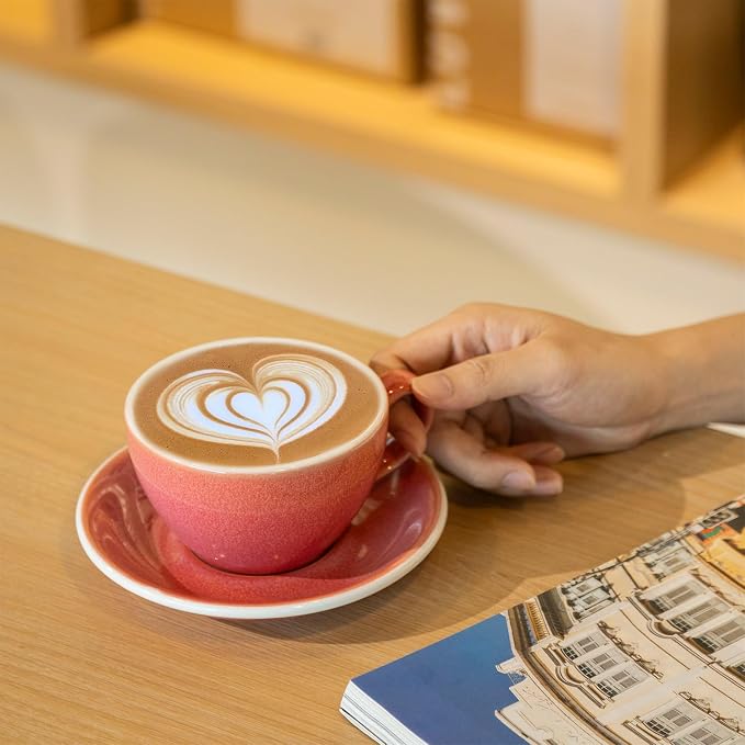 Loveramics Coffee Cup Ceramic, 10 oz Latte Art Cup with Saucer for Cappuccino, Tea, Espresso, Thick - walled stoneware Cappuccino mug Set for Cafe and Barista - Potters Colours (Berry, 10OZ)