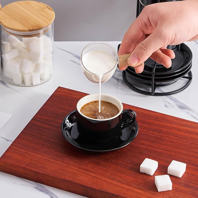 YOLIFE 2.5oz Espresso Cups Set of 4, Porcelain Stackable Espresso Cups, Expresso Shots Cup Set with Saucers and Metal Stand-Black