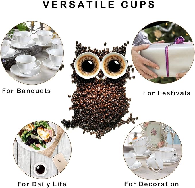 Guangyang 12 pieces Fine Porcelain 2.5oz Cups and Saucers set of 6 Turkish Coffee Cup set for Double Espresso White Color with Gold Trim