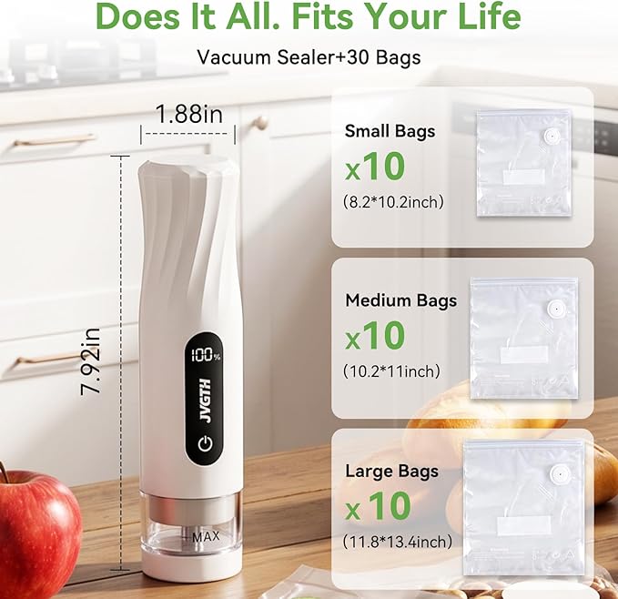 Handheld Vacuum Sealer (Food Storage):Compact Vacuum Sealer Food, 80kPa Suction, 1800 mAh Battery, 30 Reusable Sous Vide Bags, Preserve 6X Freshness For Kitchen, BBQ, Travel.