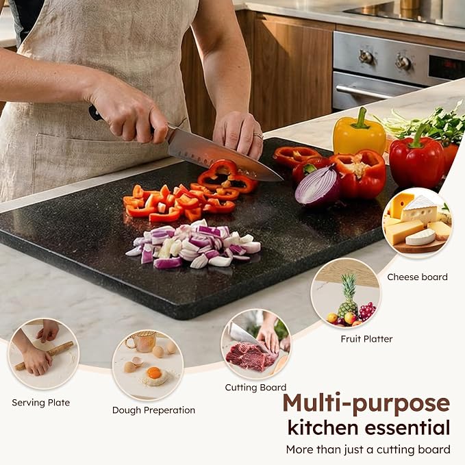 Diflart Natural Granite Cuttings Board for Kitchen, 16x20 Inch, Black, Stone Pastry Slab Large with Non-Slip Feet for Baking, Cheese, Charcuterie, Dough, Chocolate, Pack of 1 Piece