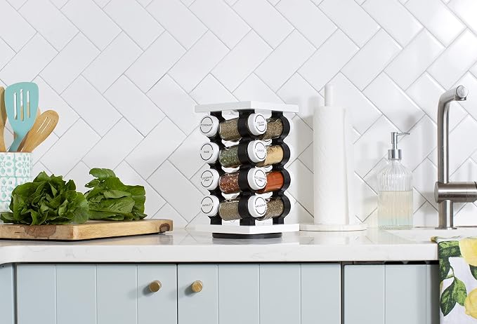 Orii 16 Jar Rotating White Spice Rack | Spices Included, 5-Year Spice Refill Program, Compact Countertop, Glass Jars