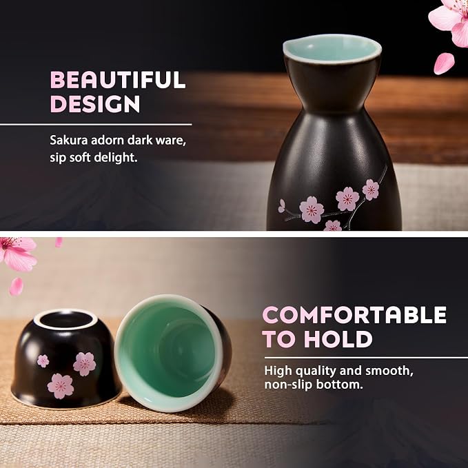 DUJUST 5 pcs Japanese Sake Set, Traditional Sakura Design Sake Serving Set, 1 Sake Bottle with 4 Sake Cups, Japanese Style Sake Set for Home/Party, Ideal Japanese Gifts for Sake Lovers - Black