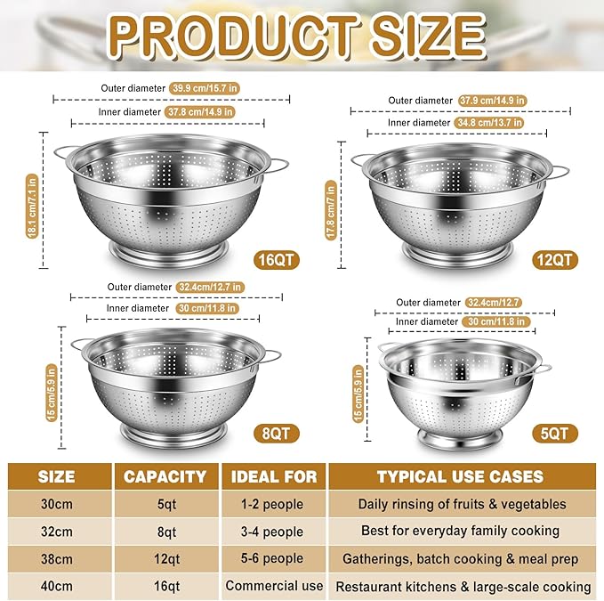 Maxdot 2 Pack 12 Quart Heavy Duty Stainless Steel Colander with Footed Base and Handles Pasta Spaghetti Berry Fruit Vegetable Kitchen Food Strainer Basket(37.9 cm/14.9 inch)