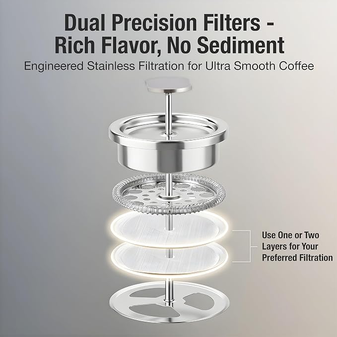 Travel French Press Coffee Maker Set - 12 oz | Portable Travel French Press Coffee Maker | Double Wall Insulated with Dual Stainless Filters & 2 Steel Canisters for Grounds, Tea, Creamer & Sugar