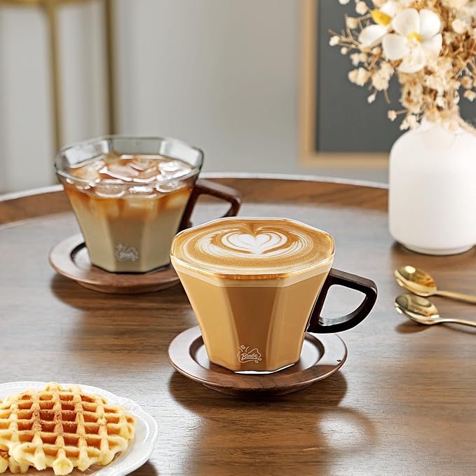 Bincoo Glass Mug with Wooden Handle and and Saucer Set-280ML Glass Coffee Cup Heat Resistant Lightweight Tea Mugs Ideal for Home, Cafe, Coffee Bar(Grey)