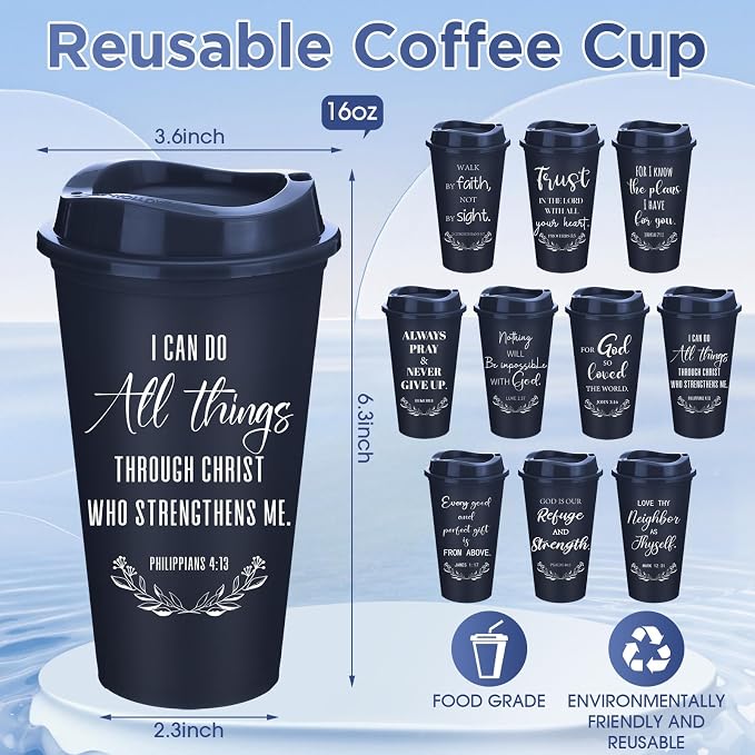 Skylety 40 Pack Bulk Christian Gifts for Men Women 16oz Reusable Bible Verse Tumbler Plastic Coffee Cup with Lid Inspirational Religious Church Gift for Teacher Graduation Party Favor (Blue)