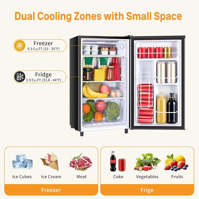 NEWBULIG Mini Fridge with Freezer 3.2 Cu.Ft Small Refrigerator for Office, Dorm, Small Fridge with Adjustable Thermostat, Energy Saving, Singel Door, Sliver