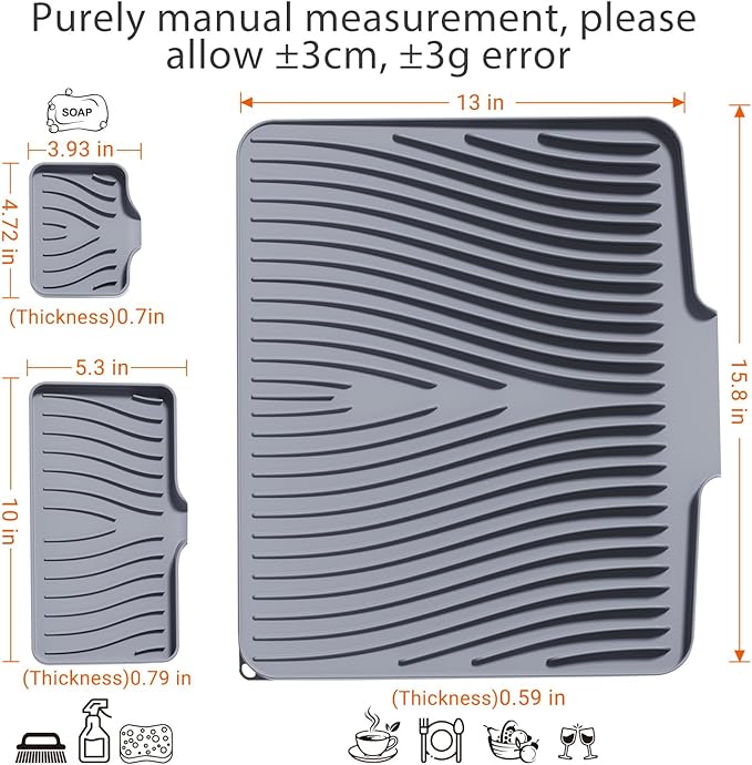 Silicone Dish Drying Mat for Kitchen Counter, Dish Drying Pad, Non-Slip Drain Pad with Built-in Drain, Heat Resistant Stone Drying Mat