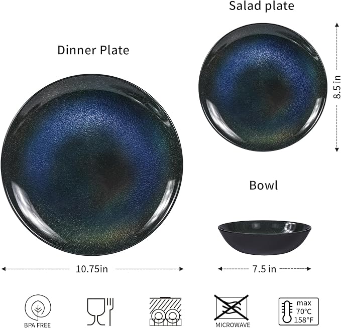 Melamine Dinnerware Set, 12pcs Plates and Bowls Set, Blue Dinner Dishes Set for Indoor and Outdoor, BPA-Free, Dishwasher Safe（Blue Cosmic）