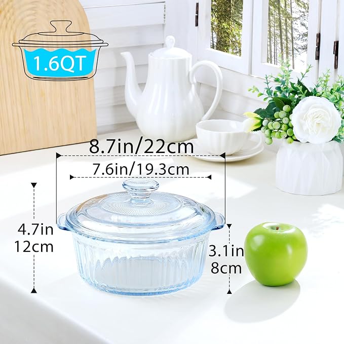 NUTRIUPS Glass Casserole Dish with Glass Lid, Borosilicate Glass,Casserole Dish for Oven, Baking Dish with Lid (1.6QT-ear)