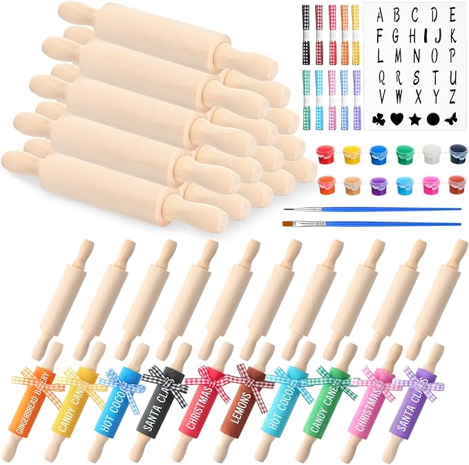 DoubleFill 30 Pack Mini Rolling Pin for Crafts, Small Wooden Dough Rollers with Plaid Ribbon Paint Brush Template Cards for New Year, Spring Party Presents, Tray Decorative, Kitchen Baking(5 Inches)