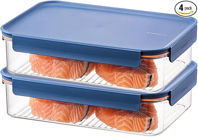 LocknLock Tritan Plastic Bisfree Modular Plus Food Storage Container Set, Lunch, Meal Prep, Stackable, BPA-Free, Leakproof, Freezer-Safe, 4 Pieces, 2 Boxes and 2 Lids, Navy, 2.1L