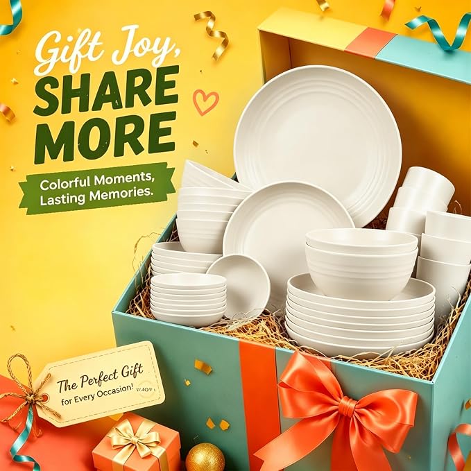 Wrova Premium Plates Bowls and Cups Set 40 PCS- Wheat Straw Dinnerware Sets for 8- Unbreakable Deep Plates/Bowls/Cups/Sauce Dishes- Dishwasher Safe Daily Living Dinnerware for Dinner,Patio- Beige