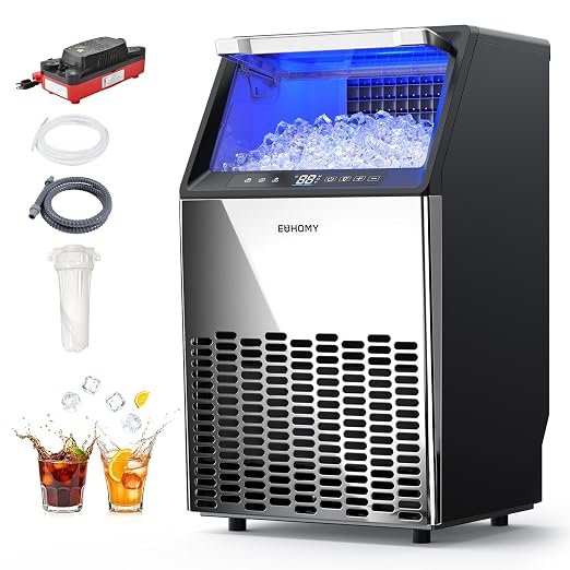 EUHOMY Under Counter Ice Maker with Drain Pump, 120 lbs/24H Commercial Ice Machine, Stainless Steel Ice Maker with 33 lbs Storage Bin, Freestanding Ice Maker for Home/Bar/Cafe/Restaurant