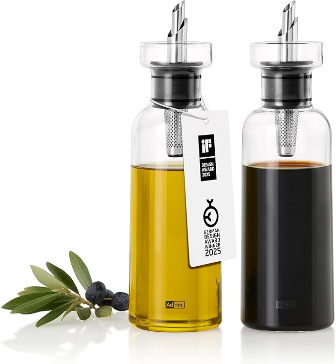 AdHoc AromaPour - Oil & Vinegar Dispenser - No-Drip Liquid Bottle for Kitchen - Airtight Design with Stainless Steel Filter - Offers Healthy & Fresh Flavor - Dispenser Set (2 Pack)