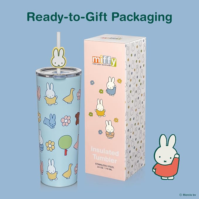 Dragon Glassware | Miffy Stainless Steel Tumbler with Straw, 24 oz - Blue | Vacuum Insulated Stainless Steel Tumbler with Straw & Lid; Double Walled Tumbler with Straw Charm; Miffy Cup with Lid