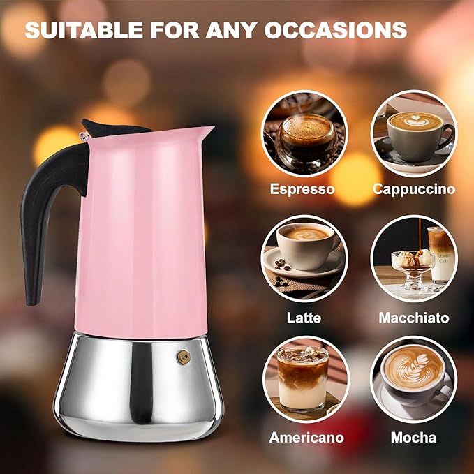 6 Cup Stovetop Espresso Maker Stainless Steel Moka Pot Stove Top Percolator Italian Coffee Makers Capable Mocha Greca Machine Cafe Classic Induction Cookers for Home and Camping 300ml 10oz