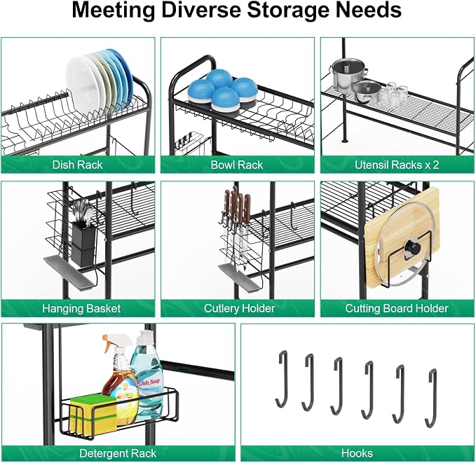 GSlife Over The Sink Dish Drying Rack, 2 Tier Above Sink Dish Drainer Drying Rack with Utensil Holder for Kitchen Counter, Rustproof Kitchen Plate Organizer, Black
