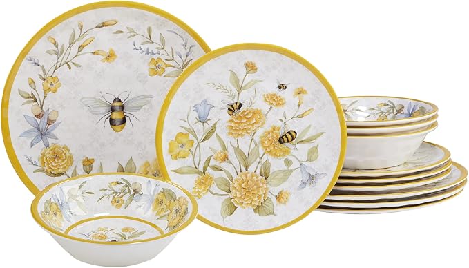 Certified International Bee Sweet 12-Piece Melamine Dinnerware Set, Service for 4, Bee & Floral Plates and Bowls, Durable Shatterproof Outdoor Tableware for Spring & Summer Entertaining