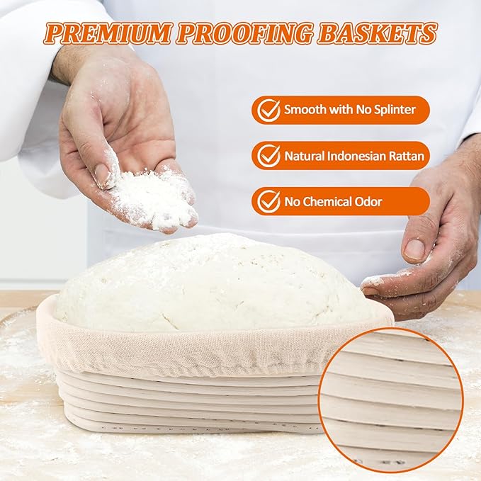6 Pack Oval Banneton Proofing Basket Set 10 Inch, Natural Rattan Sourdough Bread Baskets with Linen Liners, Dough Baking Bowls for Professional & Home Bakers (10" Oval -6 Pack)
