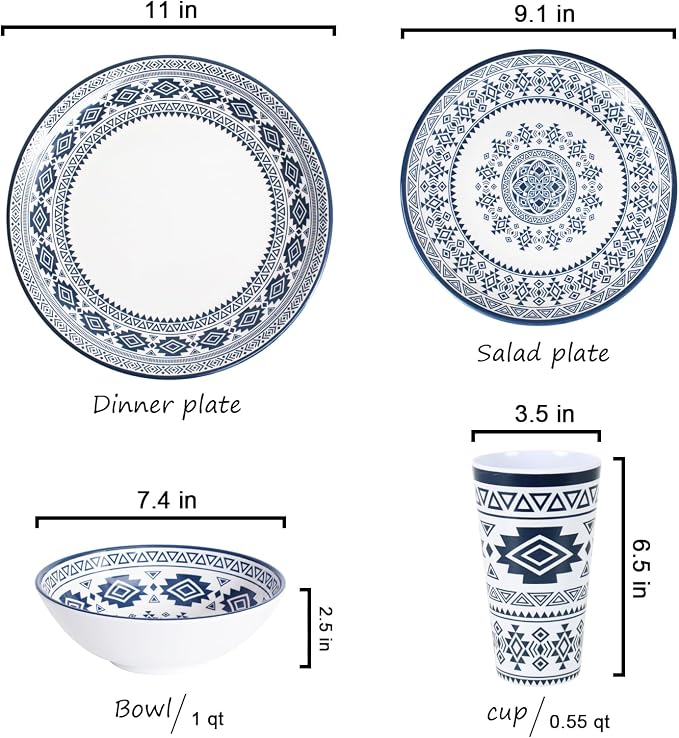 Melamine Dinnerware Set for 4-16 Pcs:Camping Dishes Set with Dinner Plates,Salad Plates, Bowls and Cups.Lightweight and Unbreakable.Indoor and Outdoor Use.